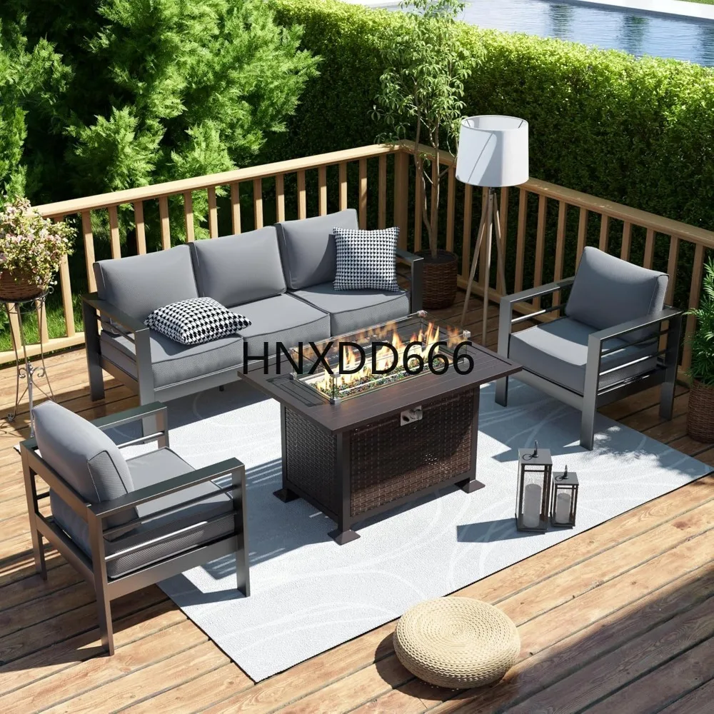 Outdoor Furniture Set With Fire Pit - ชุดเฟอร์นิเจอร์ลานบ้านพร้อมโต๊ะเตาผิง, ชุดโซฟาลานบ้านโลหะอลูมิเนียมแบบโมเดิร์น 6 ชิ้น