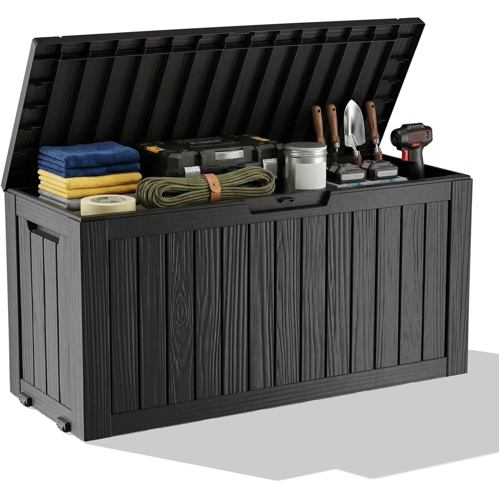 Outdoor Furniture Wooden - กล่องเก็บของกลางแจ้งกันน้ำทำจากเรซิน พร้อมกุญแจล็อค ทนทานต่อรังสียูวี ใช้เป็นม้านั่งกลางแจ้ง เฟอร์นิเจอร์สำหรับลานบ้าน ระเบียง