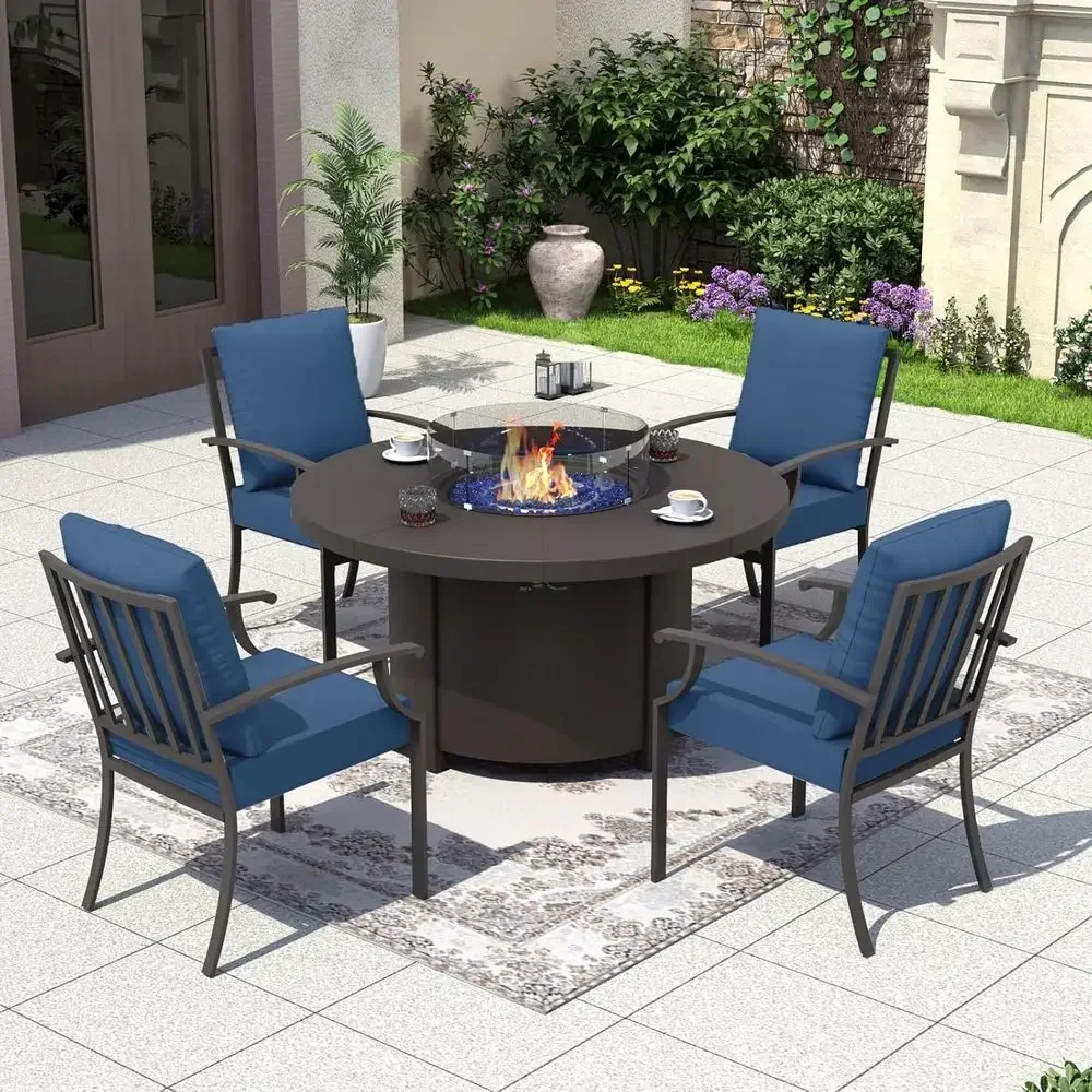 Outdoor Furniture Set With Fire Pit - ชุดเฟอร์นิเจอร์กลางแจ้ง 5 ชิ้น พร้อมโต๊ะเตาผิงทรงกลมและเก้าอี้มีเบาะรองนั่ง สีน้ำเงินกรมท่า