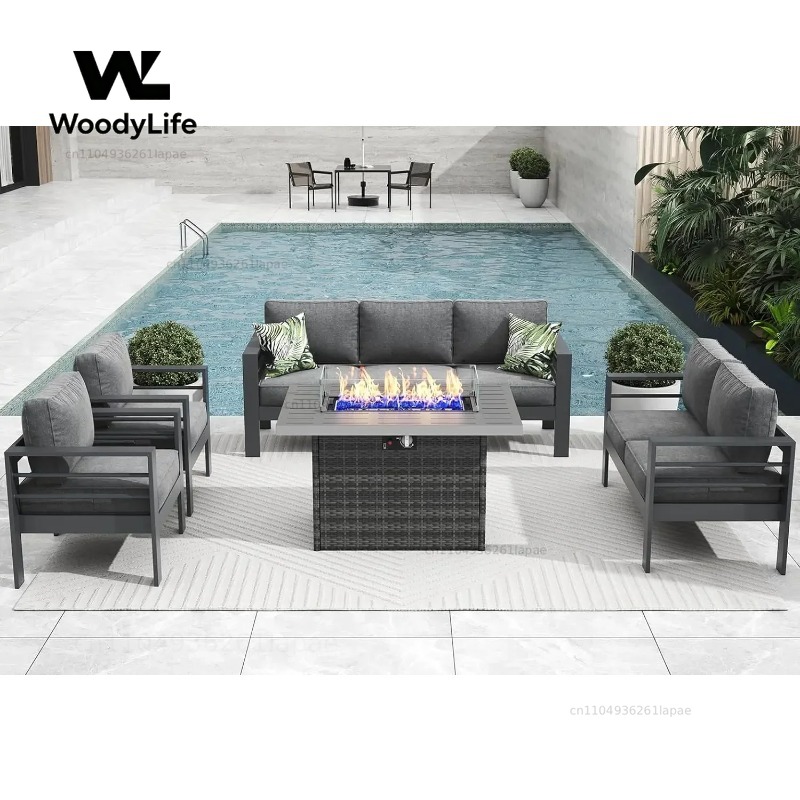 Outdoor Furniture Set With Fire Pit - ชุดเฟอร์นิเจอร์ลานบ้านอลูมิเนียมสไตล์โมเดิร์น 5 ชิ้น พร้อมโต๊ะเตาผิง ชุดโซฟาเหล็กสำหรับนั่งพูดคุยกลางแจ้ง