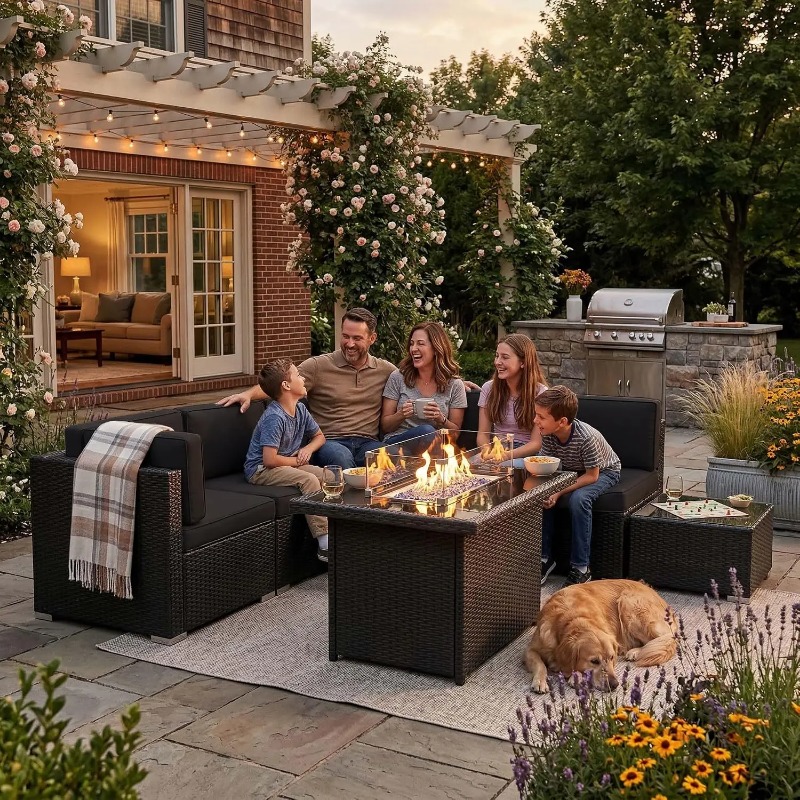 Outdoor Furniture Set With Fire Pit - ชุดโซฟาหวายสำหรับลานกลางแจ้ง 8 ชิ้น พร้อมโต๊ะเตาผิงแก๊สขนาด 44 นิ้ว