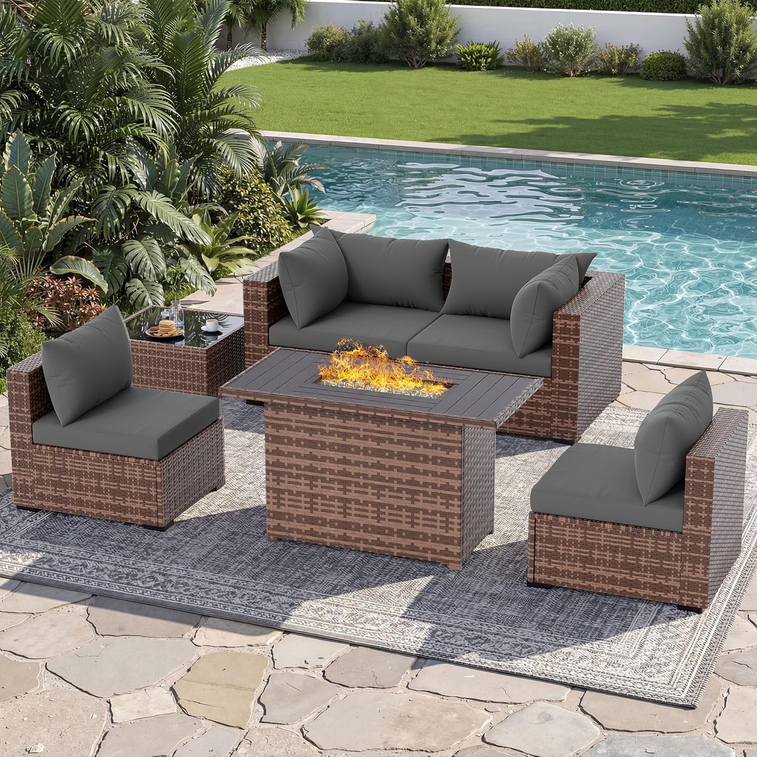 Outdoor Furniture Set With Fire Pit - ชุดโซฟาแบบแยกส่วน 5 ชิ้น สำหรับใช้งานกลางแจ้ง พร้อมโต๊ะเตาไฟ เฟอร์นิเจอร์หวายสำหรับพื้นที่กลางแจ้ง