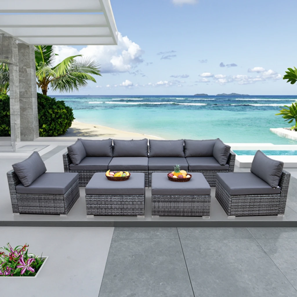 Outdoor Furniture Set With Fire Pit - ชุดเฟอร์นิเจอร์โซฟากลางแจ้งทันสมัย ชุดเฟอร์นิเจอร์ลานบ้านหวาย PE ชุดโซฟาหวายสำหรับสวนพร้อมเตาผิง