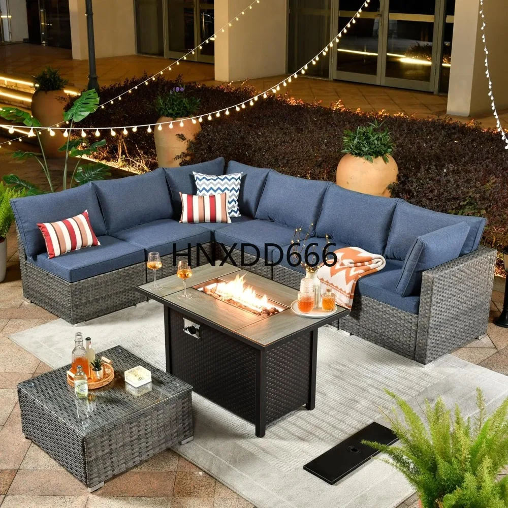 Outdoor Furniture Set With Fire Pit - ชุดเฟอร์นิเจอร์ลานกลางแจ้ง 8 ชิ้น พร้อมโต๊ะเตาผิง โซฟาหวายแบบแยกส่วนสำหรับนั่งพูดคุยพร้อมโต๊ะกาแฟ