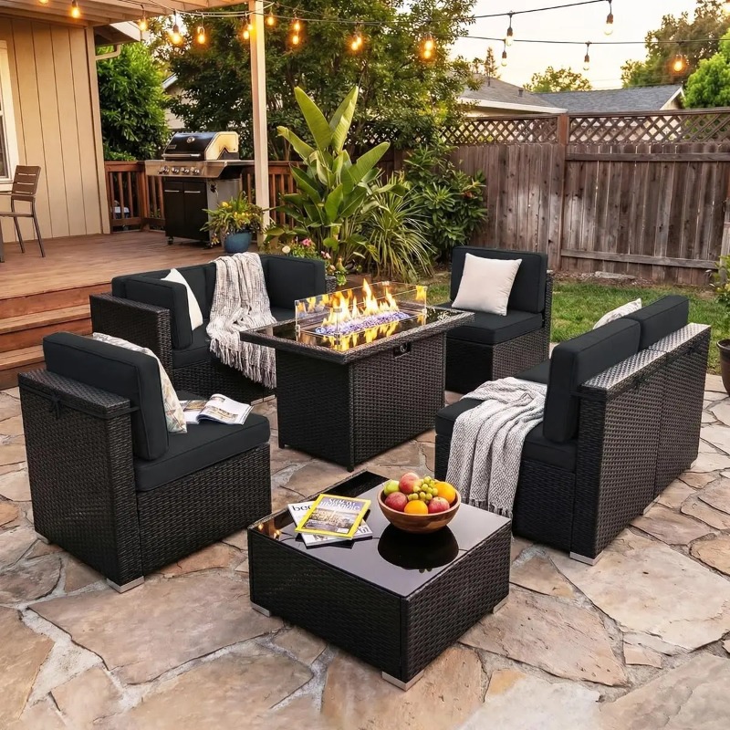 ชุดโซฟาหวายสำหรับลานกลางแจ้ง 8 - Outdoor Furniture Set With Fire Pit บทวิจารณ์และราคา